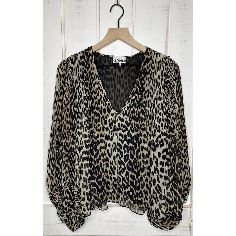 GANNI 36/4 Animal Print Georgette Blouse Oversized Pleated Flowy Puff Sleeve Top